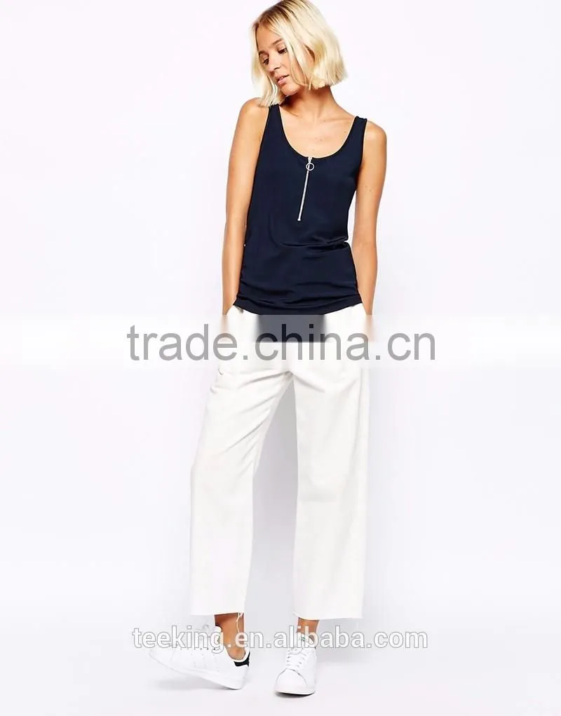 fashion navy color ladies zip front plain tank top