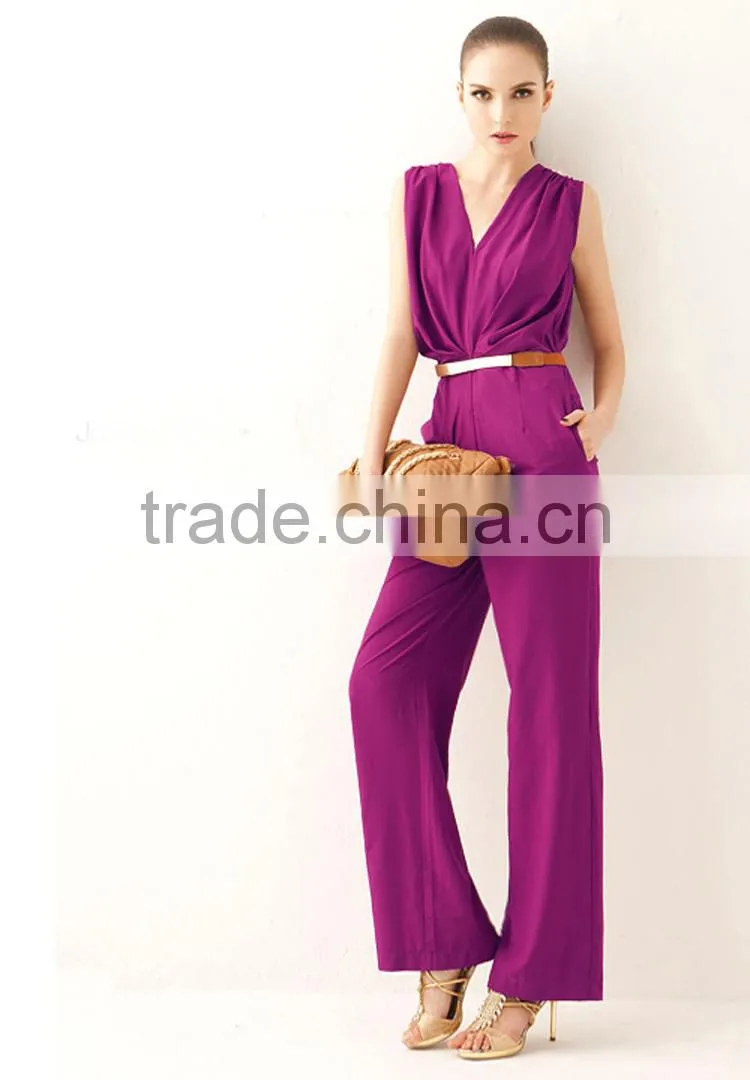 2015 Women Summer Clothing New Elegant OL Style Deep V Neck Sleeveless Loose Jumpsuit Rompers Women Overalls Macacao Feminino