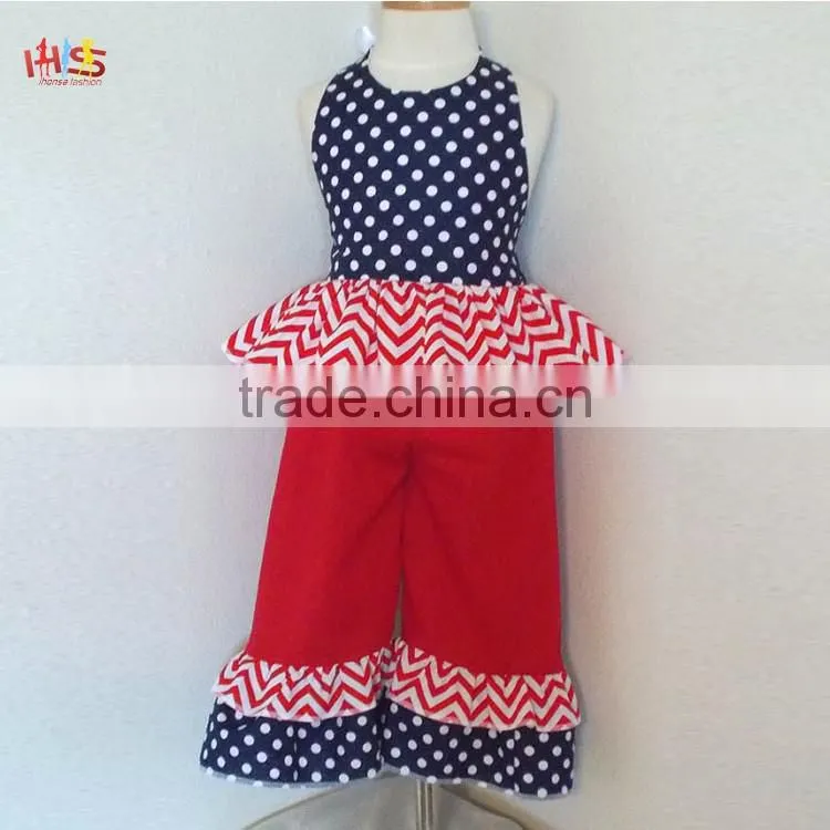 Red White and Blue Polka Dot and Chevrons Ruffled Pant Set Fashion Children Frocks Designs 2016 HSS7861