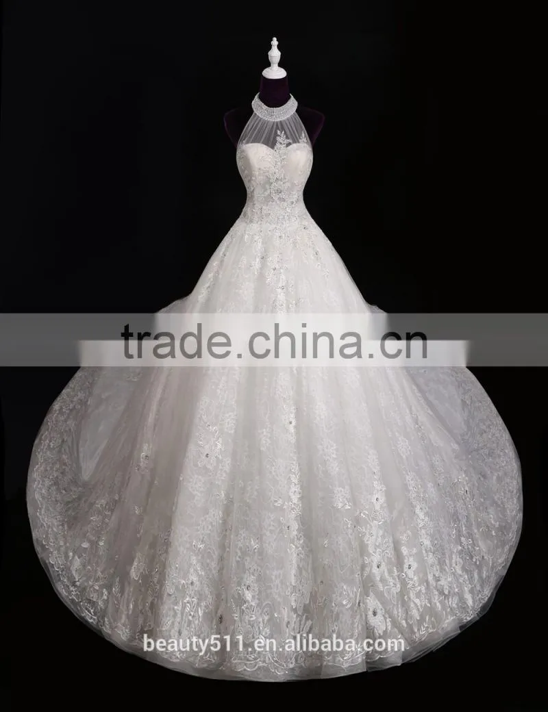 Latest Designs 2017 Elegant A-Line High Collar Cap Sleeve Floor-length Modest Beaded Lace Wedding Dress F13802