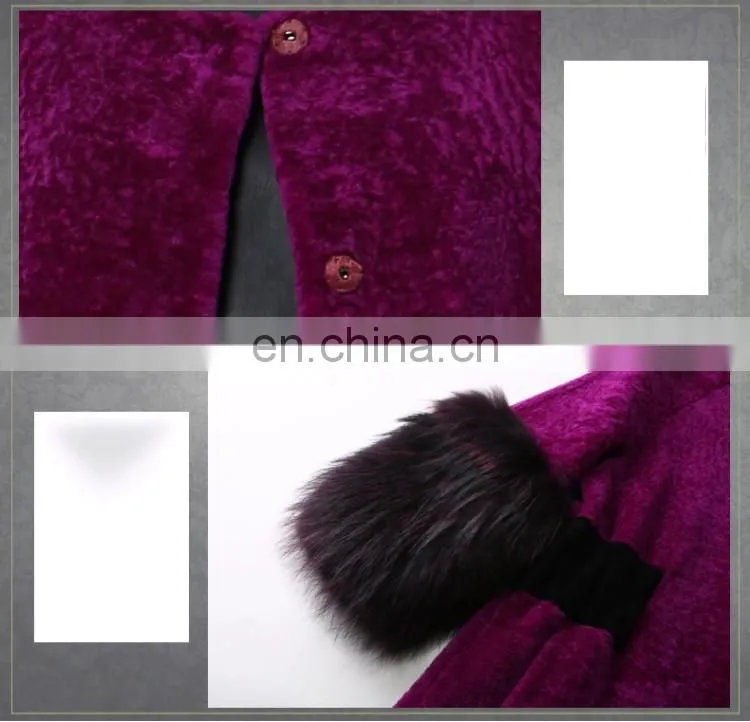 hot pink Merino sheep wool sheep shearling fur rose red overcoat with raccoon trimming