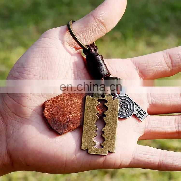 Personality vintage blade shape metal pendant leather loop keychain