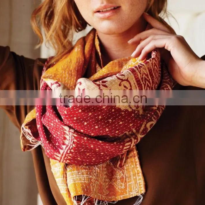 Authentic Indian Vintage Kantha Work Reversible Silkshawls/Scarves/Stoles