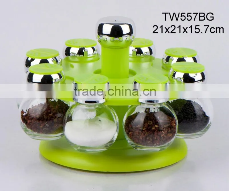 TW989B 8pcs glass spice jar set with plastic stand