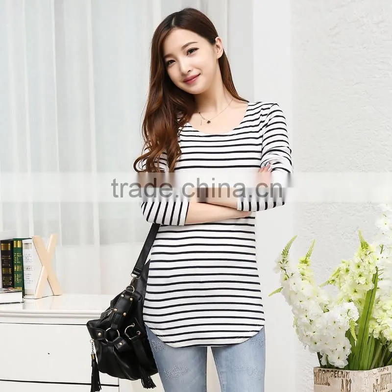 Women's korean fashion stripe t shirt, tight fit thin long sleeve t shirt