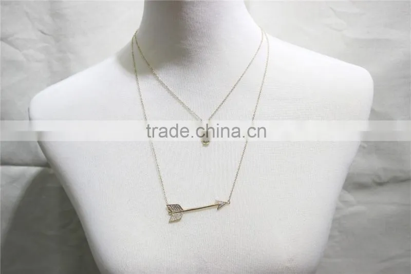 Gold Double Layered w/ Rhinestone Owl & Sparkle Arrow Pendant Necklace 2016 Fashion Style Wholesale