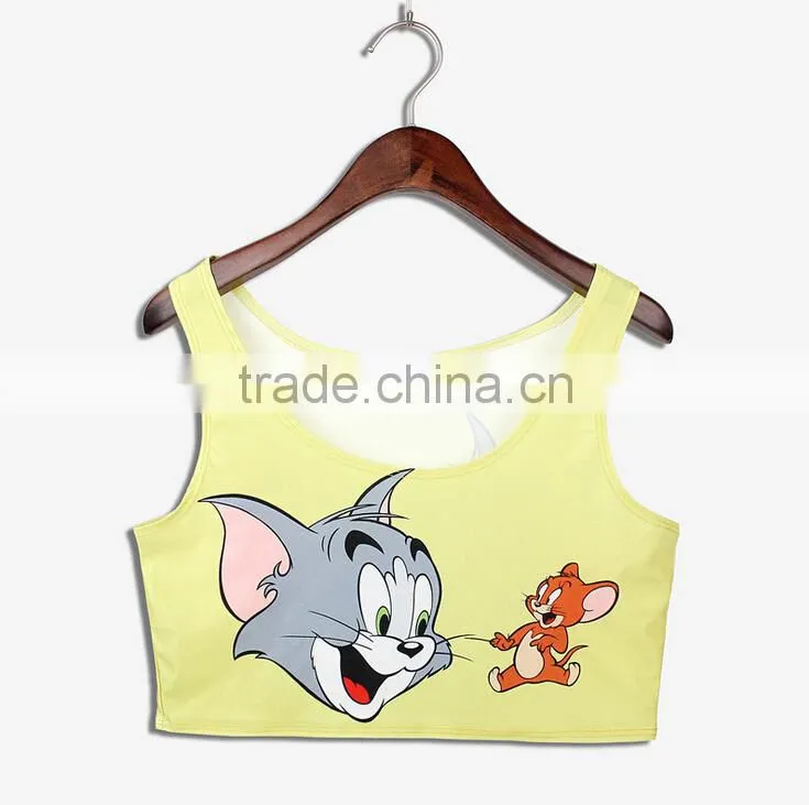 2015 Women Crop Tops wholesale Sublimation Cartoon Print Custom Design N7-32
