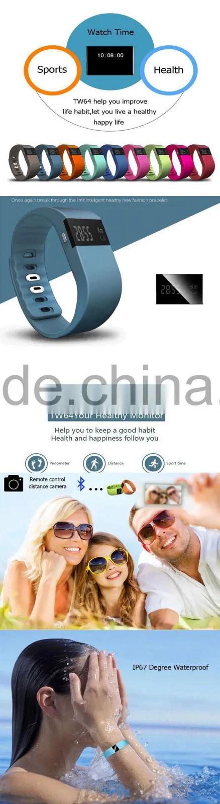 TW64 Fitness Tracker Bluetooth Smart band Sport Bracelet Smart Band Wristband Pedometer For iPhone IOS Android PK Fitbit Mi band