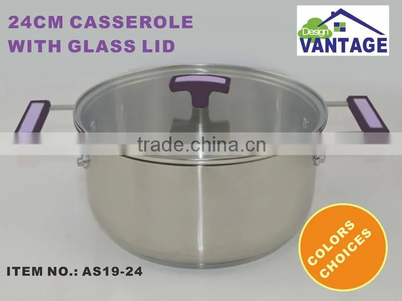 24cm belly shape double wall casserole with glass lid stainless steel cookware set with silicon handle