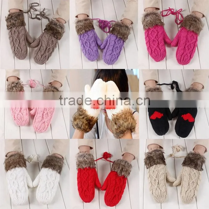 Lovely Women Double-Deck Wool Hang Neck Winter Mittens Knitted Warm Fur Gloves Cheap Wholesale
