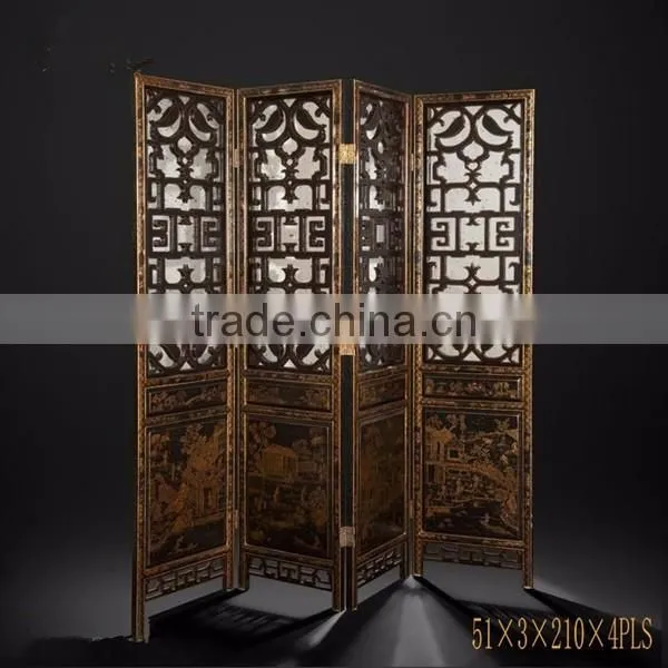Traditional Hand Painting Three Door Folding Screen, Retro Furniture Decorative Wooden Floor Screen With Crackle