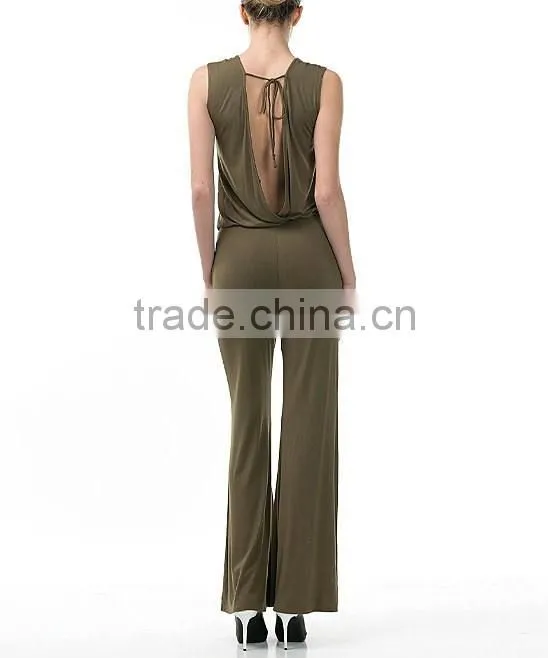 Jumpsuit Fashion New Design Super Soft Summer Full Length Trouser Wide Leg Olive Open Back Romper Jumpsuit Women 2017 Sleeveless