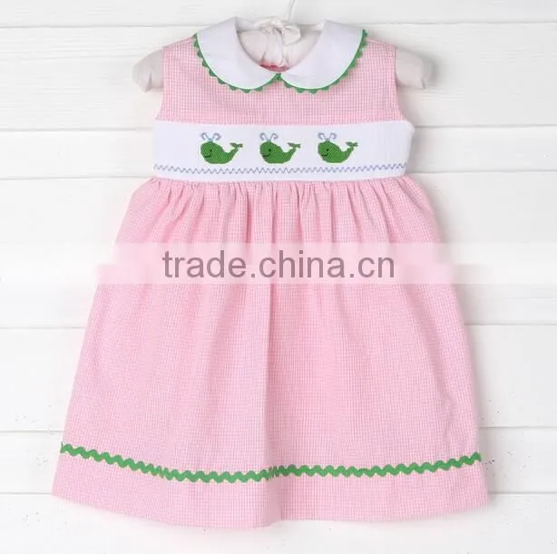 2017 Spring New Arrive Little Girls Easter Clothes Smocked Whale Collared Jummper Pink Gingham Dress
