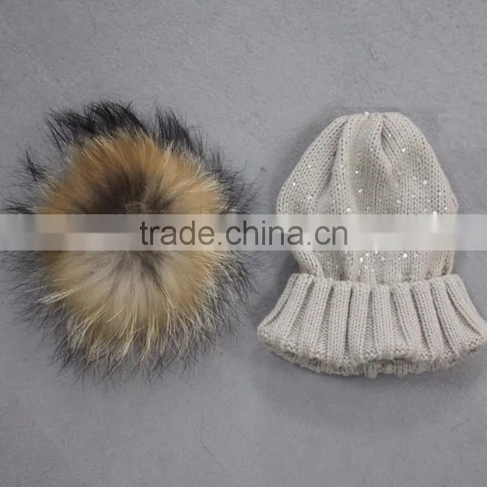 Myfur Winter Woolen Knitting Beanie Hat with Removable Raccoon Fur Bobble Top