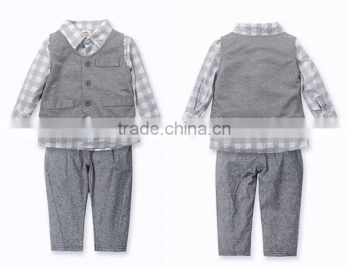 2016 Baby Boy Clothing sets Cotton Boy Suit With Vest And Grid Tops Grey Pants Infant Wear Kids Clothes Child Apparel