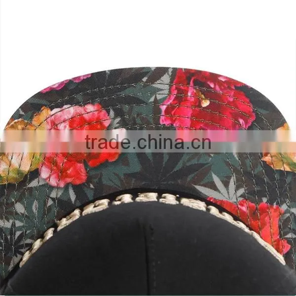 Custom 100% cotton black snapback / under floral flat brim print snapback hat