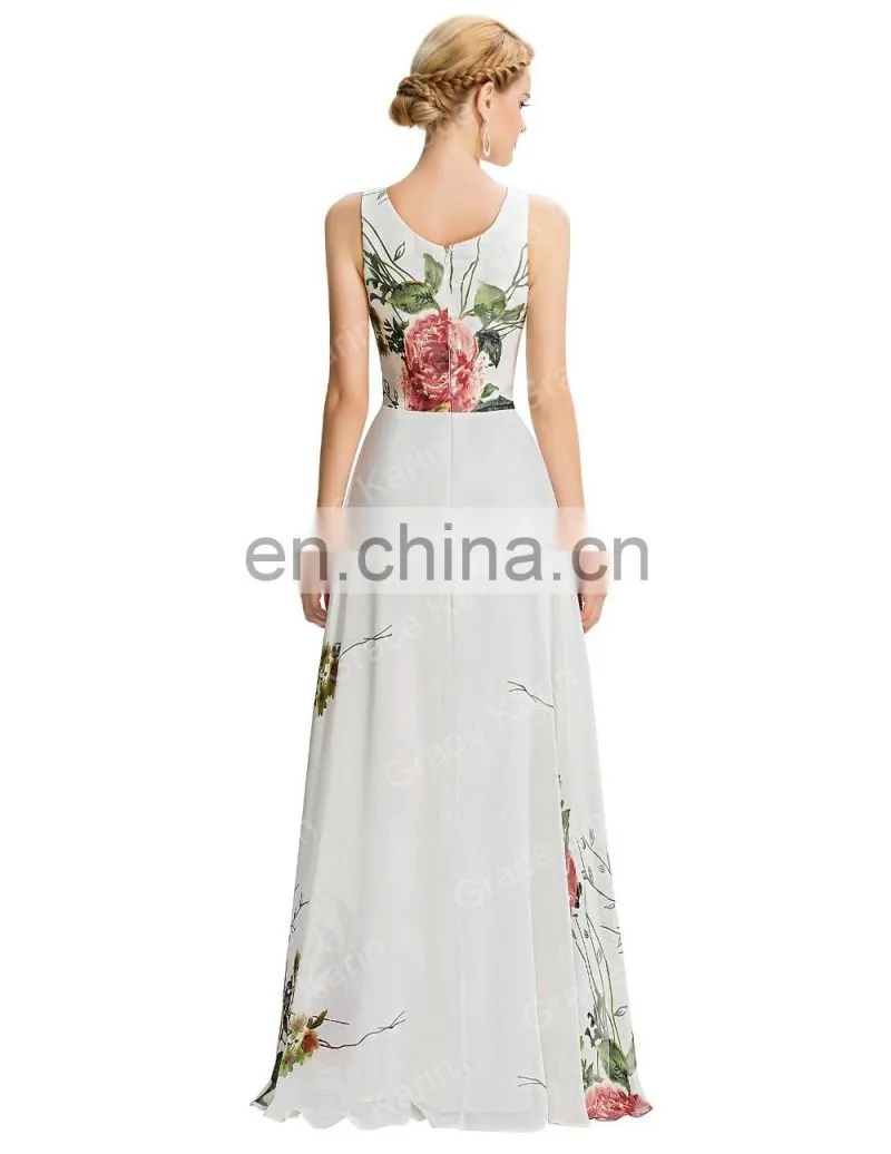 Grace Karin 2016 New Design Women Long Sleeveless Flower Pattern Chiffon Long Prom Dress GK000033-1