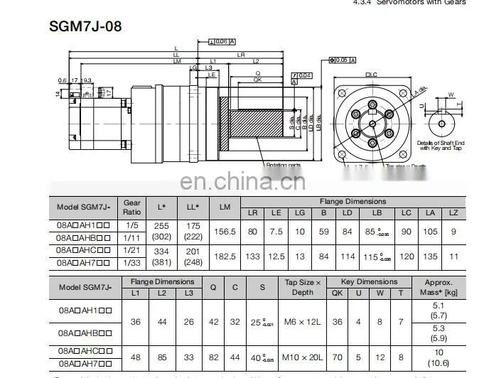 Yaskawa 750w AC Servo Motor SGM7J-08A7C6E For Industrial Robot Arm