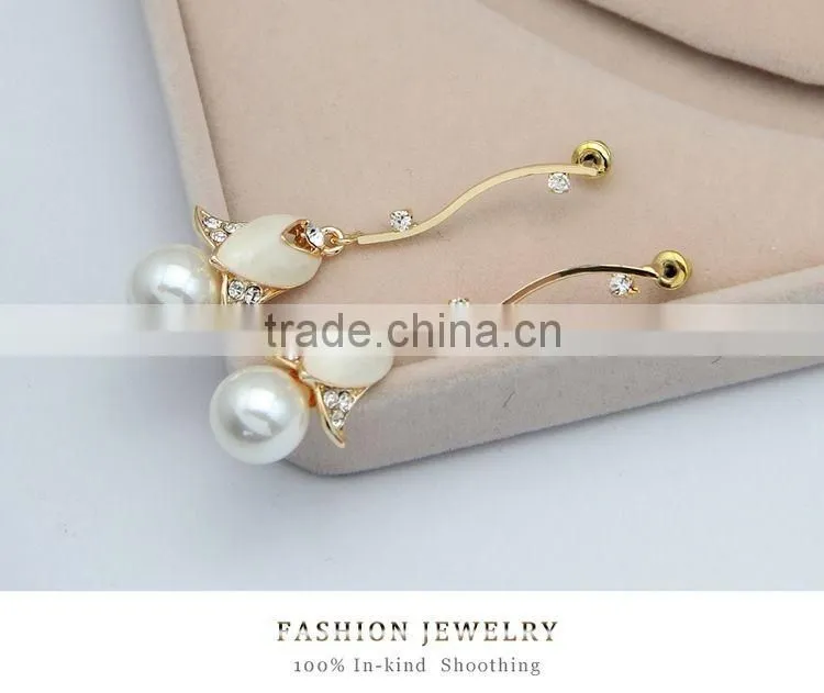 Bridal Wedding Golden Crystal Pearl Flower Drop Dangle Earrings
