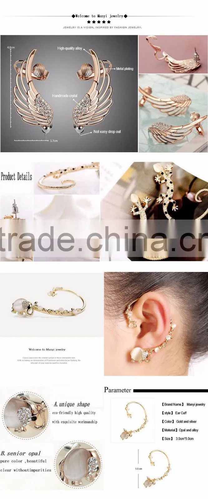 hot selling high quality five workmanship popular cheap opals alloy ear cuff
