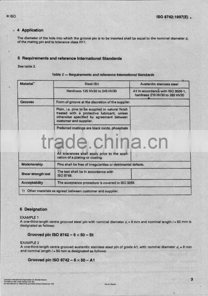 Grooved pins, one third length third center grooved ISO8742/DIN1475