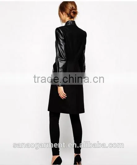 2015 European style women's Pu stitching woolen coat