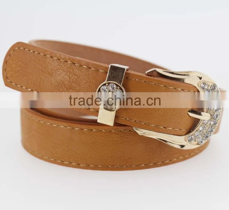 Women's Plain brown PU leather belt with rhinestone buckle