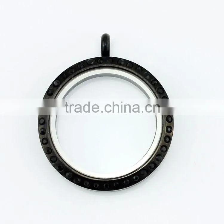 316L Stainless Steel Screw 25mm Black Floating Charms Lockets With Black Crystals