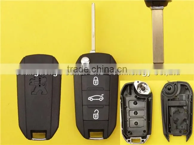 Peugeot car key 3 button flip remote replacement key shell with groove blade