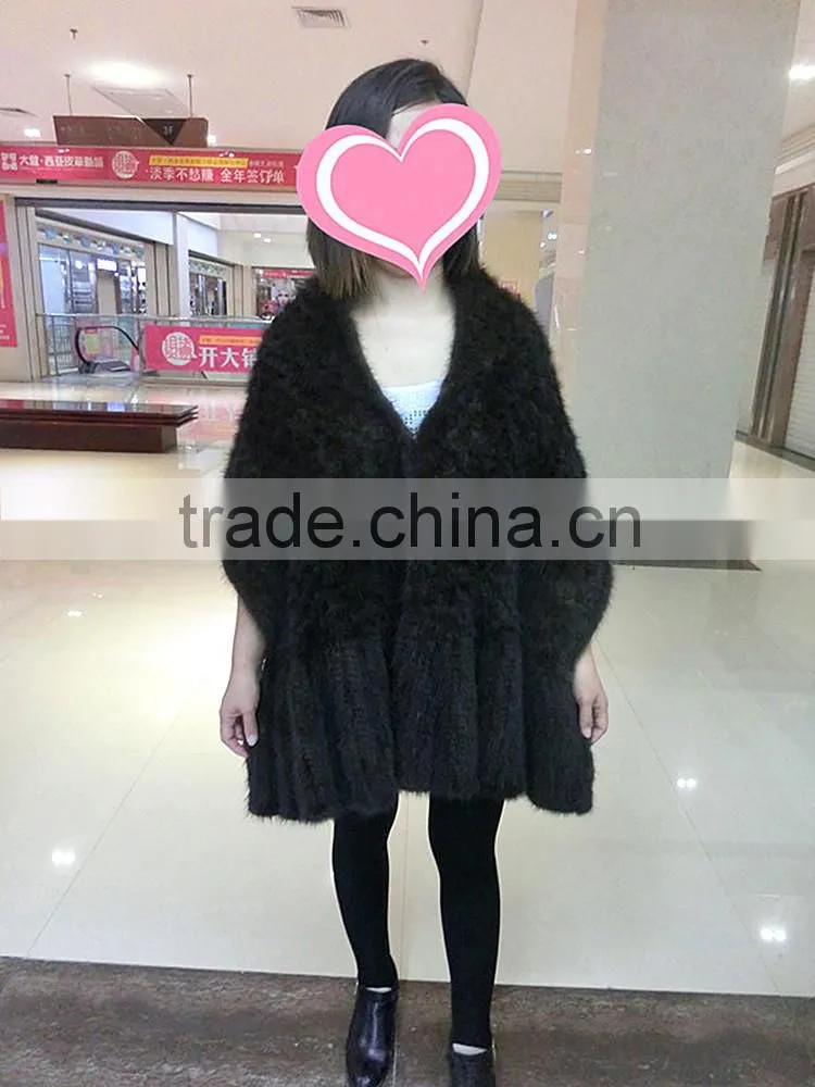 Luxury Knitted Mink Fur Cape / Wholesale Black Mink Fur Shawl