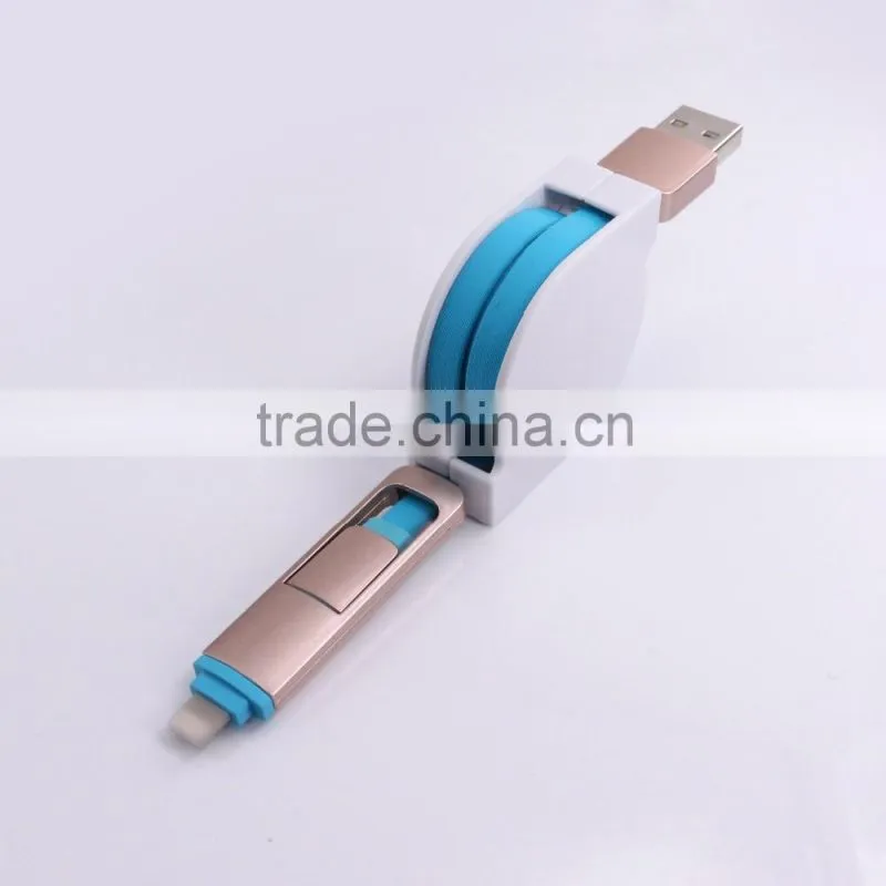 2016 Creative two sided flat USB Cable, Retractable Noodle 2 in 1 usb charging cable CE FCC ROHS