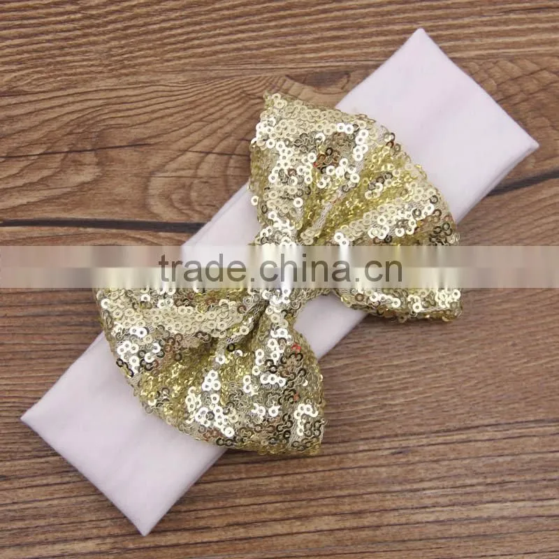 Wholesale Baby New Solid cotton headband with sequin hair bow,sparkle knitted headwraps hair bow