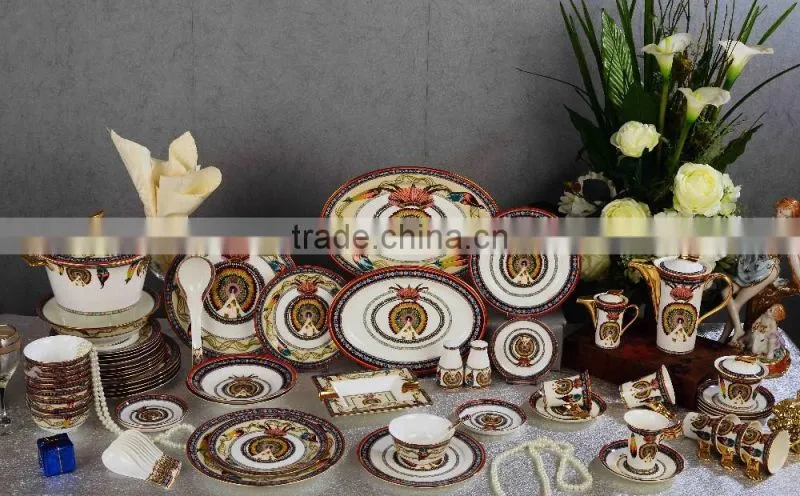 Indian feather design ceramic dinner ware 69pcs bone china dinnerware set