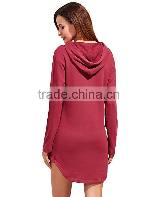 US Vintage Hoodie Sweatshirts Womens Red Solid Curved Hem Blank Custom Slim Fit Sexy French Terry Cloth Hoodie Dress