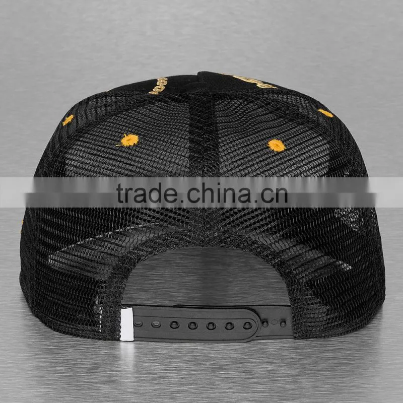 5 Panel flat brim custom black printed trucker hat mesh