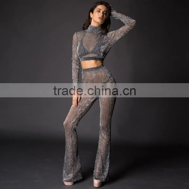 Runwaylover 084 Europe Style Ladies Two Piece Suits , Women Sexy Turtleneck Crop top And Transparent Casual Pants
