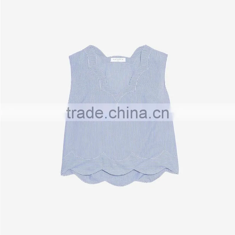 Striped cotton top with wave cut V-neck and hem sleeveless shirt tank tops