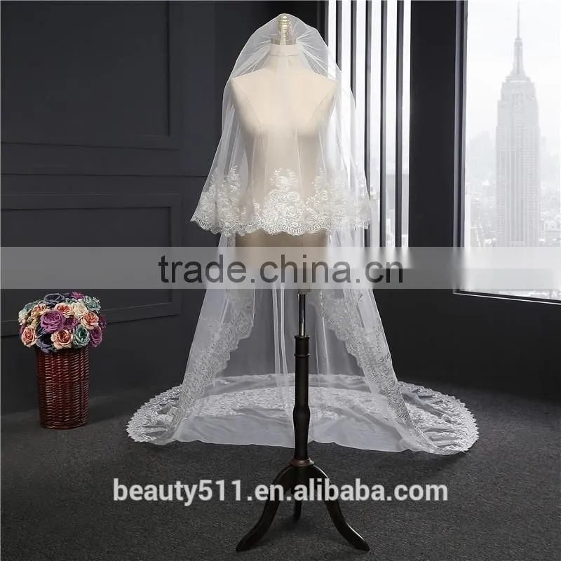 2017 wholesale new grance long lace bridal wedding veil long Tulle emboried lace bridal wedding veils HL12