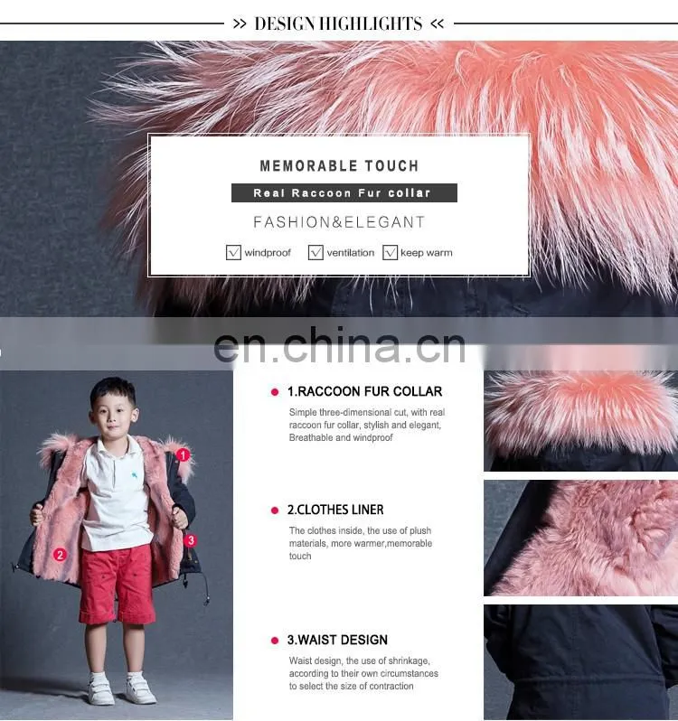Winter best warm 100% cotton kids fur hood parka jacket