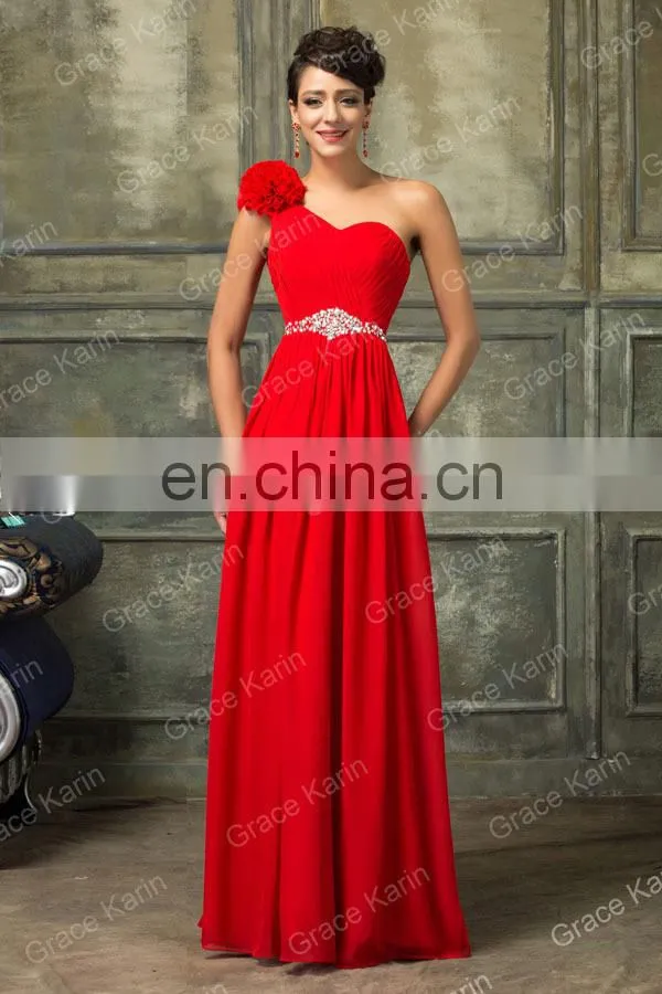 One Shoulder Flower Red Long Grace Karin Chiffon Bridesmaid Dress CL4411