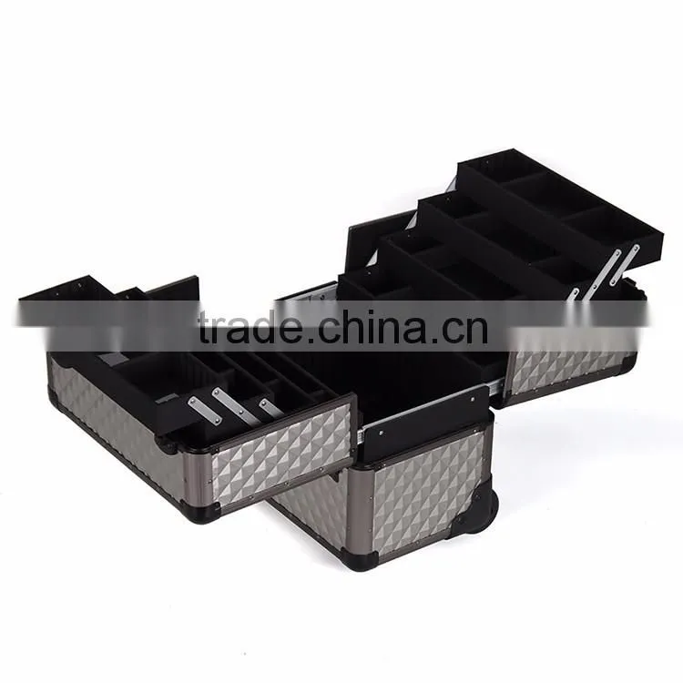 2016 high quality aluminum trolley make up case beauty display case with rolling wheels