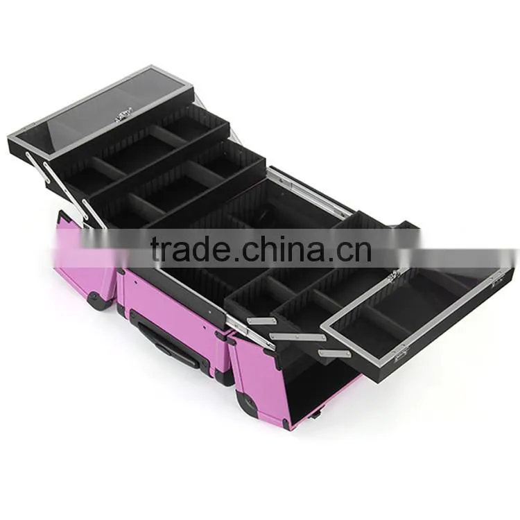 Purple professional rolling trolley makeup case with compartments for nail polishing artist