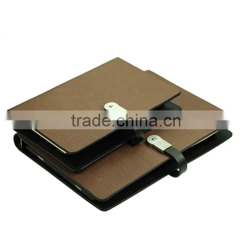 2016 fashion design office ring binder leather notebook with powerbank and usb disk