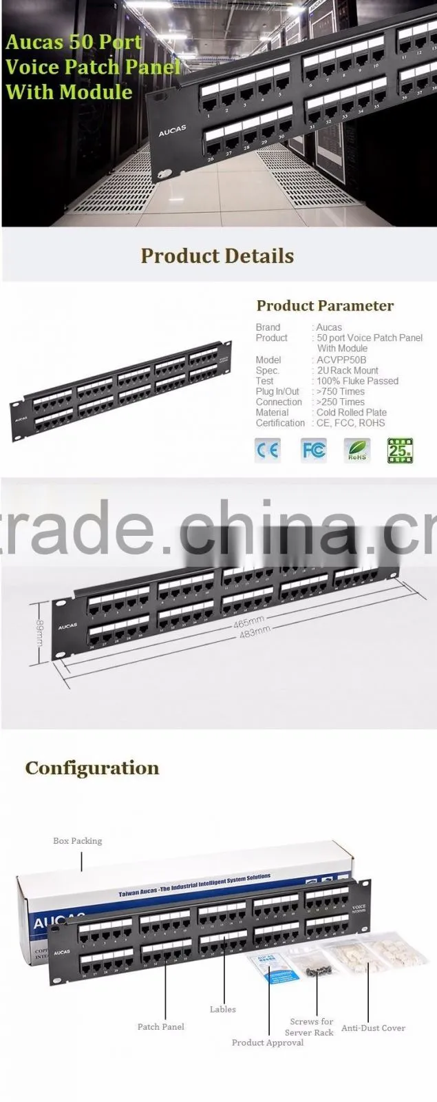 Aucas Taiwan Brand RJ11 Communication Cable Patch Panel 50 Port For Telephone Cable Hot Price