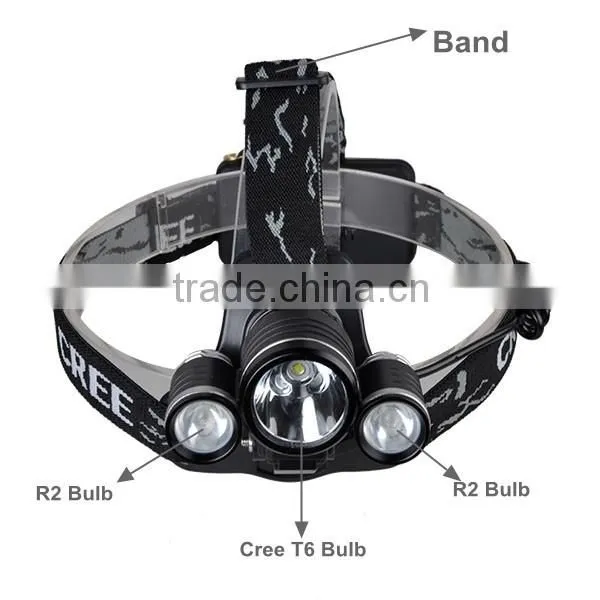 6000 Lumen 4 Modes XML T6 And R2 3 LED Brightest Lumen Rechargeable Headlamp + Bag + Bike Clip + Band + Normal Box Packing
