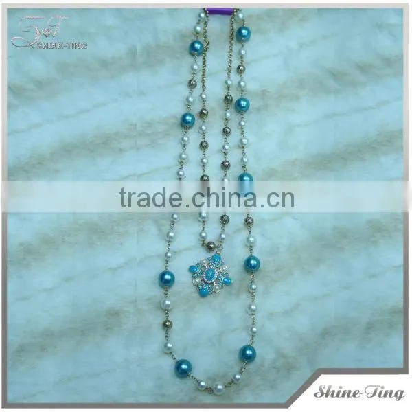 long chain navy blue pearl necklace with alloy pendant for women