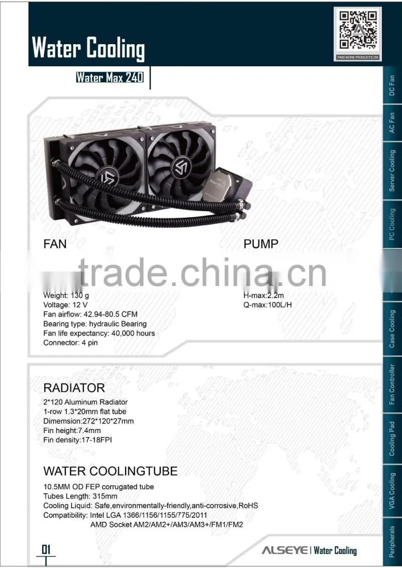Alseye AA0204 manufacture 2 x 120m Fans pc water cooling MAX240 liquid cpu cooler
