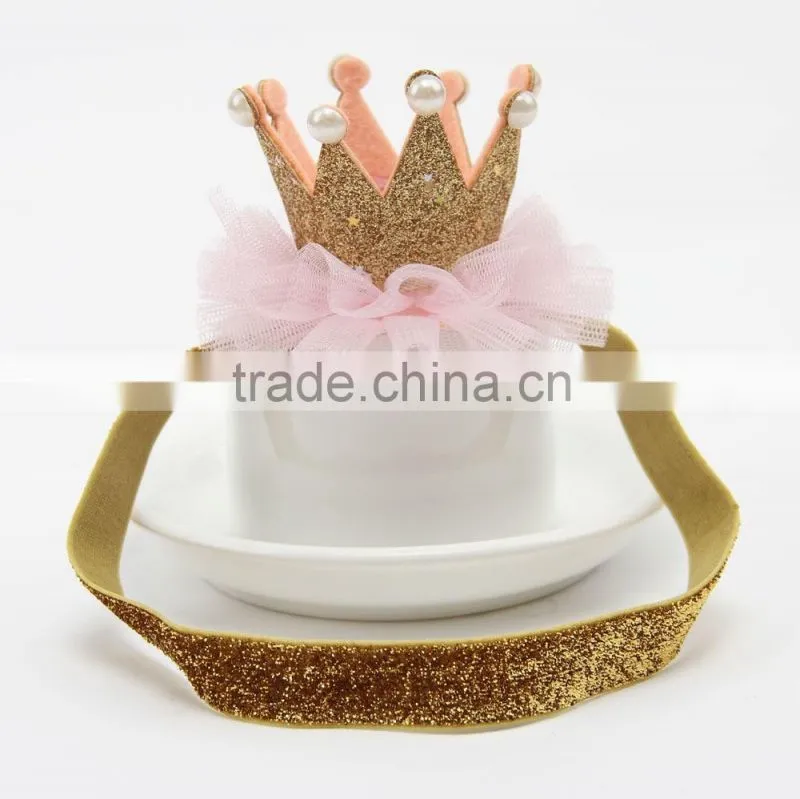 New European Kids Infant Newborn Baby Girl Hair band with Pearl Crown, Bridal Veil Tiara Pearl glitter Rhinestone Crown