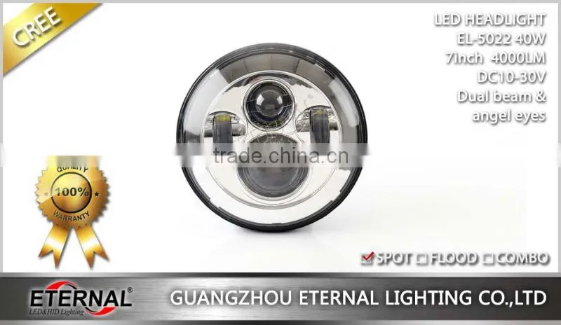 40W 7in round 4WD off-road truck SUV automotive vehicles sealed dual beam led headlight lamp dual beam with H4 plug halo ring