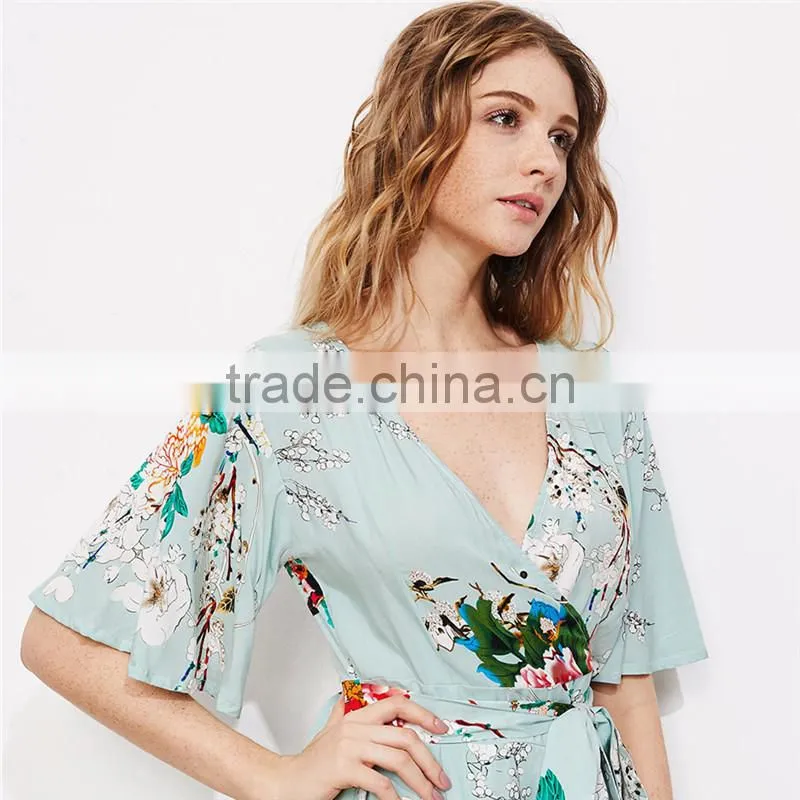 Rayon floral print ladies romper, deep V-neck sexy half sleeves romper
